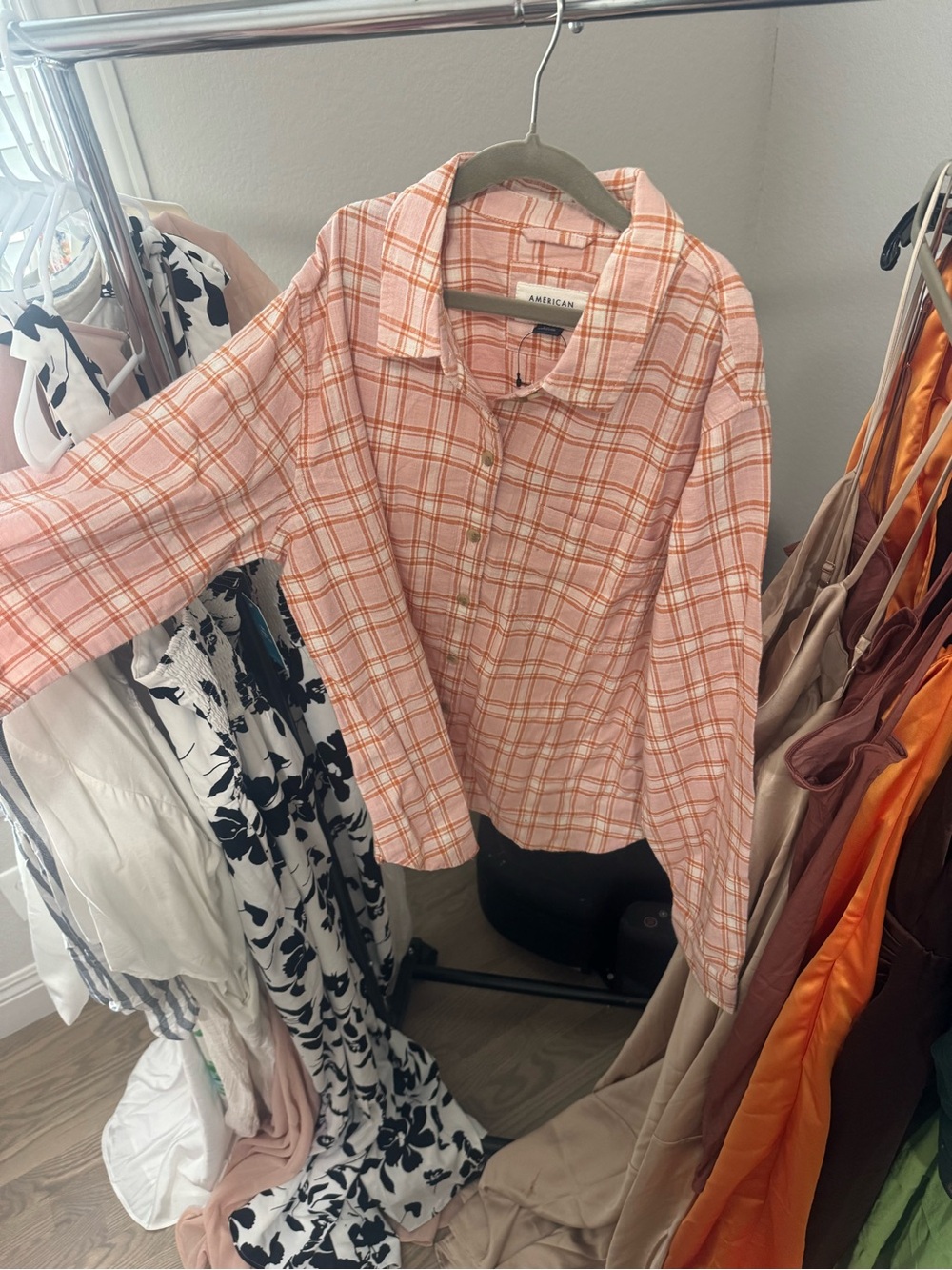 American Eagle Outfitters Pink and Orange Plaid Button-Up Jacket - Picture 1 of 3